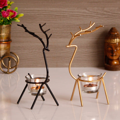 Unique Black and Gold Set of 2 Deer Shape Decorative Handcrafted Metal tea light candle holder