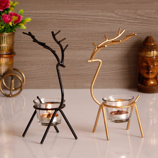 Unique Black and Gold Set of 2 Deer Shape Decorative Handcrafted Metal tea light candle holder