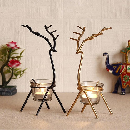 Unique Black and Gold Set of 2 Deer Shape Decorative Handcrafted Metal tea light candle holder