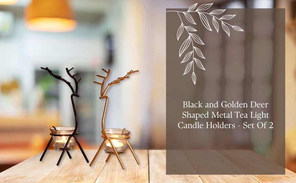 Unique Black and Gold Set of 2 Deer Shape Decorative Handcrafted Metal tea light candle holder
